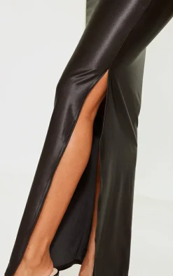 Black Stretch Satin Split Side Maxi Skirt