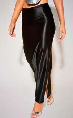 Black Stretch Satin Split Side Midaxi Skirt
