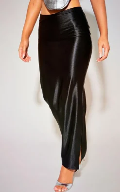 Black Stretch Satin Split Side Midaxi Skirt