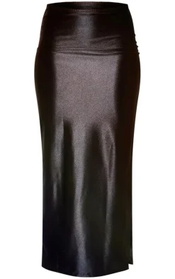Black Stretch Satin Split Side Midaxi Skirt