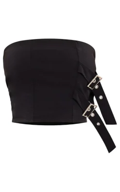 Black Stretch Woven Asymmetric Hem Buckle Detail Top