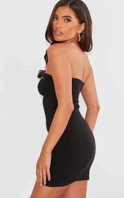 Black Stretch Woven Bandeau Belted Bodycon Dress
