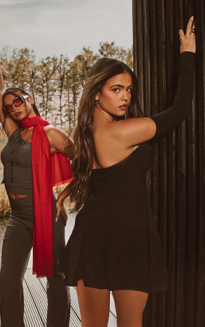 Black Stretch Woven Bardot Long Sleeve Pleated Mini Dress