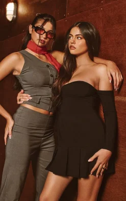 Black Stretch Woven Bardot Long Sleeve Pleated Mini Dress