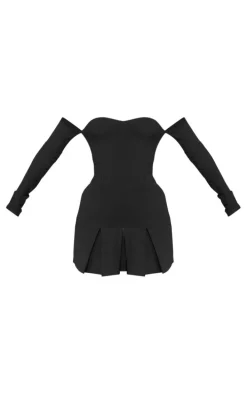 Black Stretch Woven Bardot Long Sleeve Pleated Mini Dress