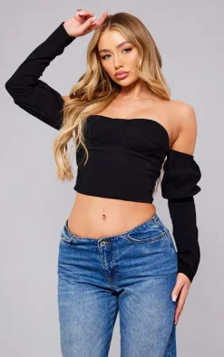 Black Stretch Woven Bardot Long Sleeve Crop Top