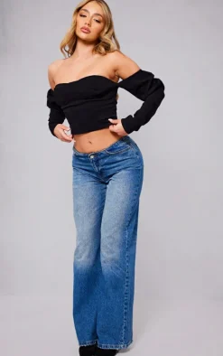 Black Stretch Woven Bardot Long Sleeve Crop Top