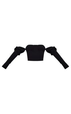 Black Stretch Woven Bardot Long Sleeve Crop Top