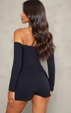 Black Stretch Woven Bardot Button Down Skort Romper