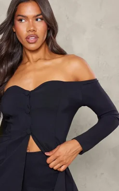 Black Stretch Woven Bardot Button Down Skort Romper