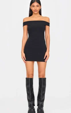 Black Stretch Woven Bardot Bodycon Dress
