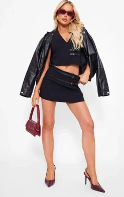 Black Stretch Woven Belt Detail Skort