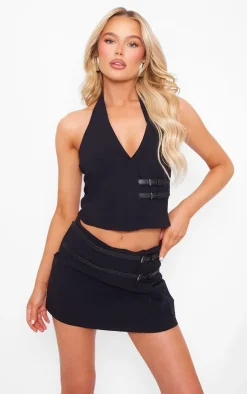 Black Stretch Woven Belt Detail Skort