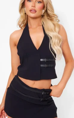 Black Stretch Woven Belt Detail Skort