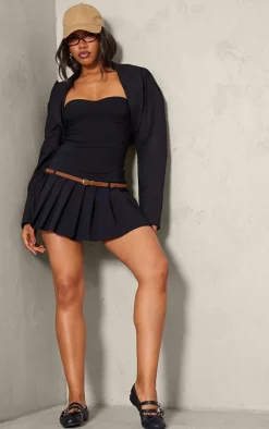 Black Stretch Woven Belt Detail Pleated Mini Skirt