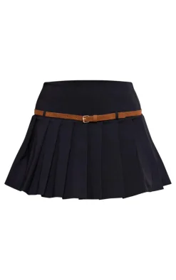 Black Stretch Woven Belt Detail Pleated Mini Skirt