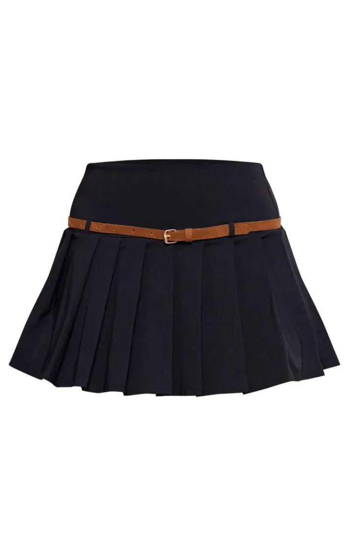 Black Stretch Woven Belt Detail Pleated Mini Skirt