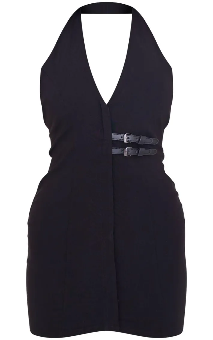 Black Stretch Woven Belted Bodycon Dress