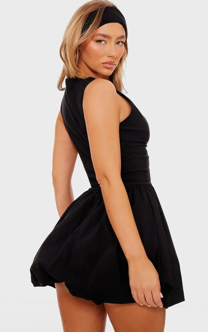 Black Stretch Woven Belted Puffball Mini Dress