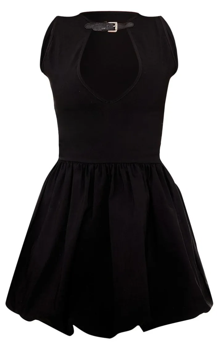 Black Stretch Woven Belted Puffball Mini Dress