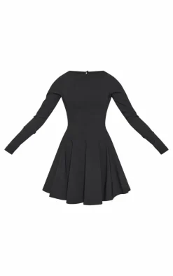 Black Stretch Woven Boat Neck Long Sleeve Pleated Shift Dress