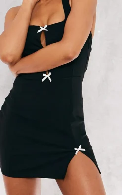 Black Stretch Woven Bow Detail Halterneck Bodycon Dress