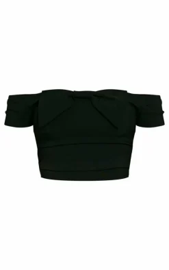 Black Stretch Woven Bow Front Off Shoulder Top