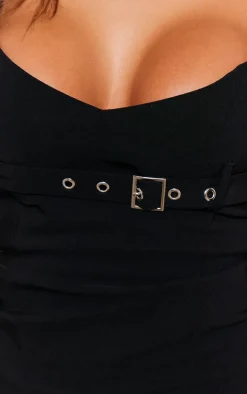 Black Stretch Woven Buckle Pleated Shift Dress