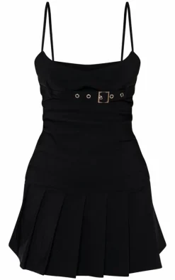 Black Stretch Woven Buckle Pleated Shift Dress