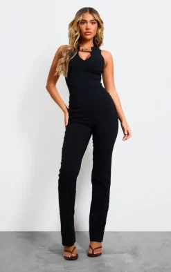 Black Stretch Woven Buckle Detail Key Hole Jumpsuit