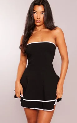 Black Stretch Woven Contrast Tiered Shift Dress