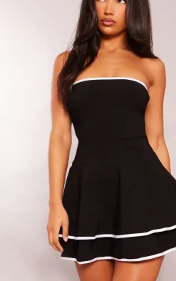 Black Stretch Woven Contrast Tiered Shift Dress