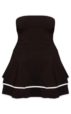 Black Stretch Woven Contrast Tiered Shift Dress