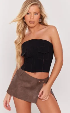 Black Stretch Woven Contrast Stitch Pocket Detail Crop Top