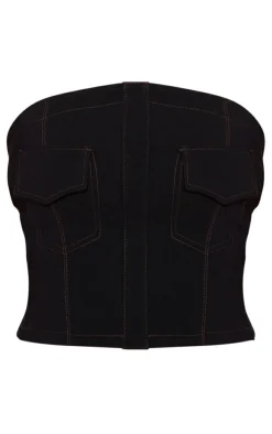 Black Stretch Woven Contrast Stitch Pocket Detail Crop Top