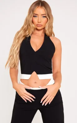 Black Stretch Woven Contrast Plunge Halter Neck Crop Top