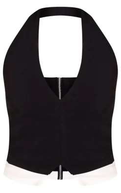 Black Stretch Woven Contrast Plunge Halter Neck Crop Top
