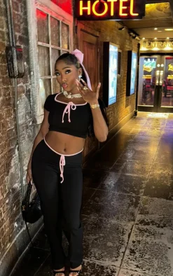 Black Stretch Woven Contrast Binding Bow Detail Low Rise Pants