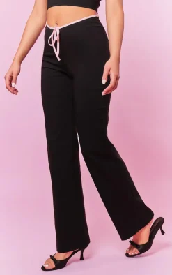 Black Stretch Woven Contrast Binding Bow Detail Low Rise Pants
