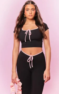 Black Stretch Woven Contrast Binding Bow Detail Low Rise Pants