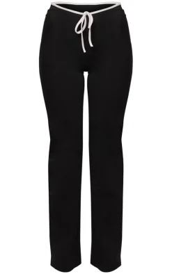 Black Stretch Woven Contrast Binding Bow Detail Low Rise Pants