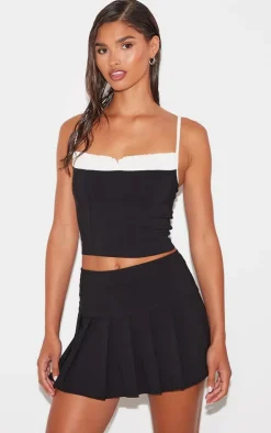 Black Stretch Woven Contrast Bow Detail Top