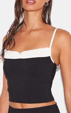 Black Stretch Woven Contrast Bow Detail Top