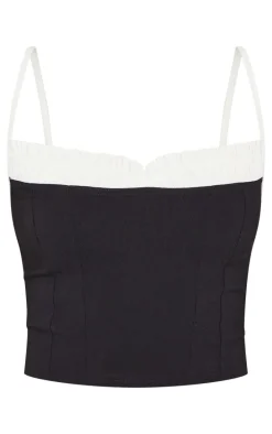 Black Stretch Woven Contrast Bow Detail Top