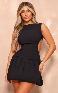 Black Stretch Woven Cut Out Backless Shift Dress