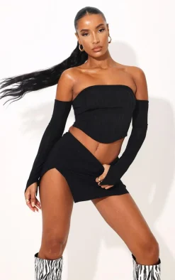 Black Stretch Woven Extreme Split Hem Micro Mini Skirt