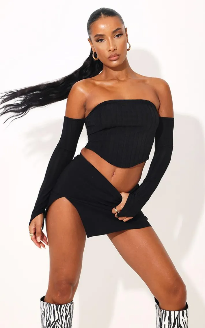 Black Stretch Woven Extreme Split Hem Micro Mini Skirt