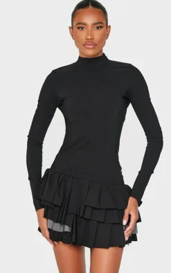 Black Stretch Woven Extreme Pleated Long Sleeve Shift Dress