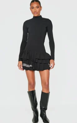 Black Stretch Woven Extreme Pleated Long Sleeve Shift Dress