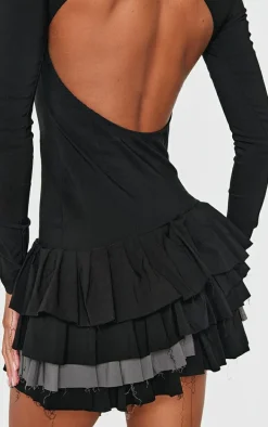 Black Stretch Woven Extreme Pleated Long Sleeve Shift Dress